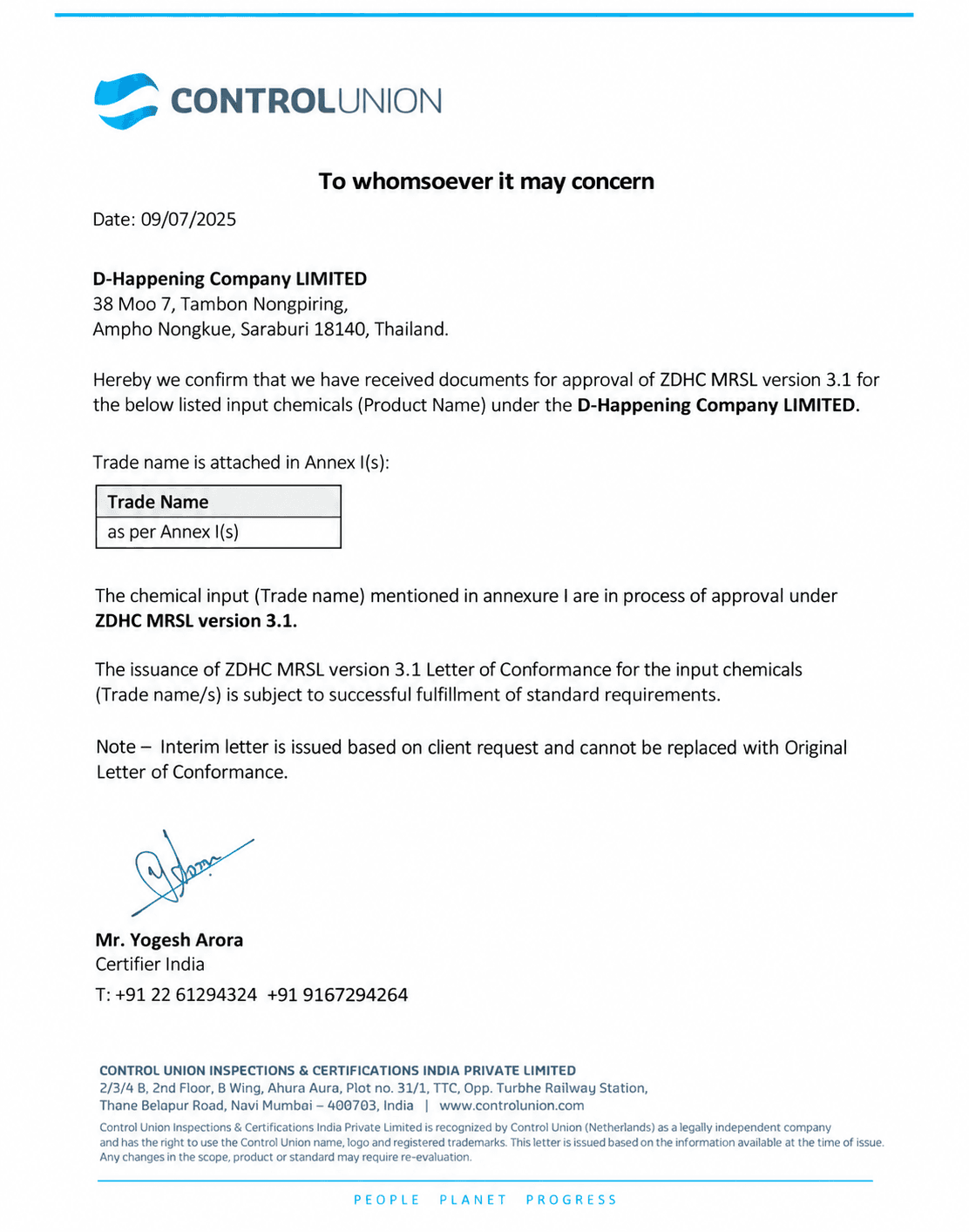 Control Union confirmation letter for ZDHC MRSL v3.1 documentation, D-Happening Company Limited
