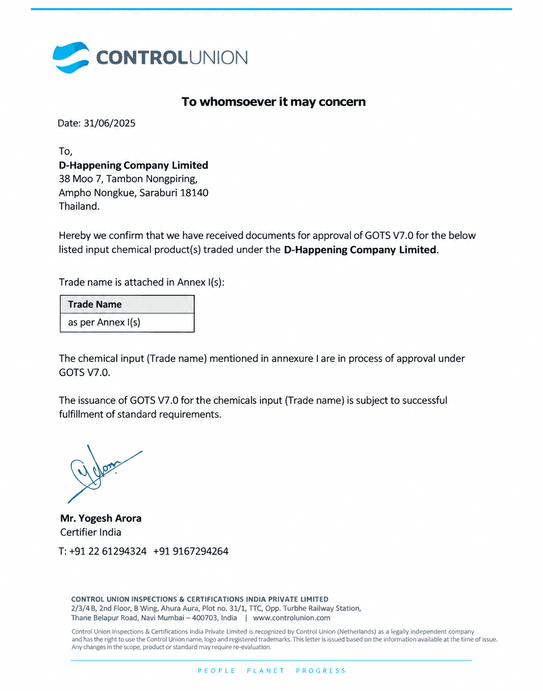 Control Union confirmation letter for GOTS V7.0 documentation, D-Happening Company Limited