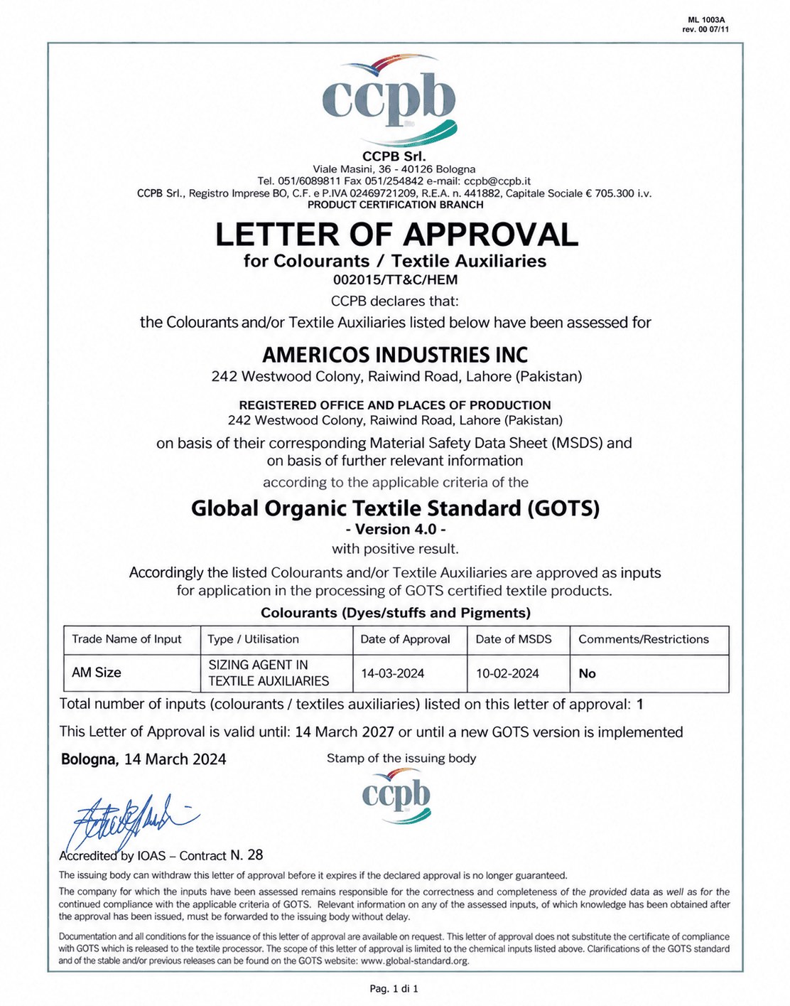 CCPB Letter of Approval for Global Organic Textile Standard (GOTS) Version 4.0, Americos Industries Inc.